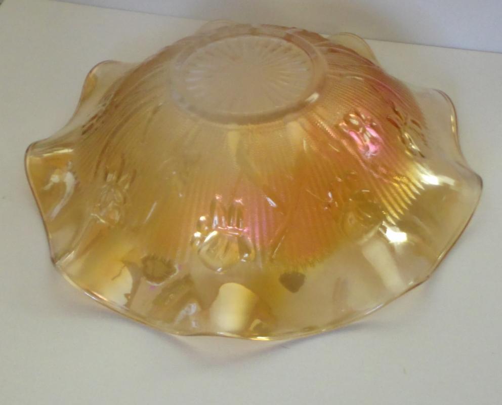 IRIS AND HERRINGBONE CARNIVAL GLASS BOWL, MARIGOLD