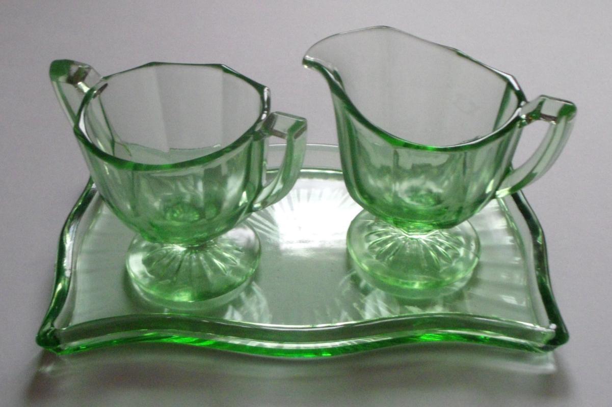 Green Depression Glass Creamer, Sugar Bowl, and Tray