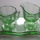 Green Depression Glass Creamer, Sugar Bowl, and Tray