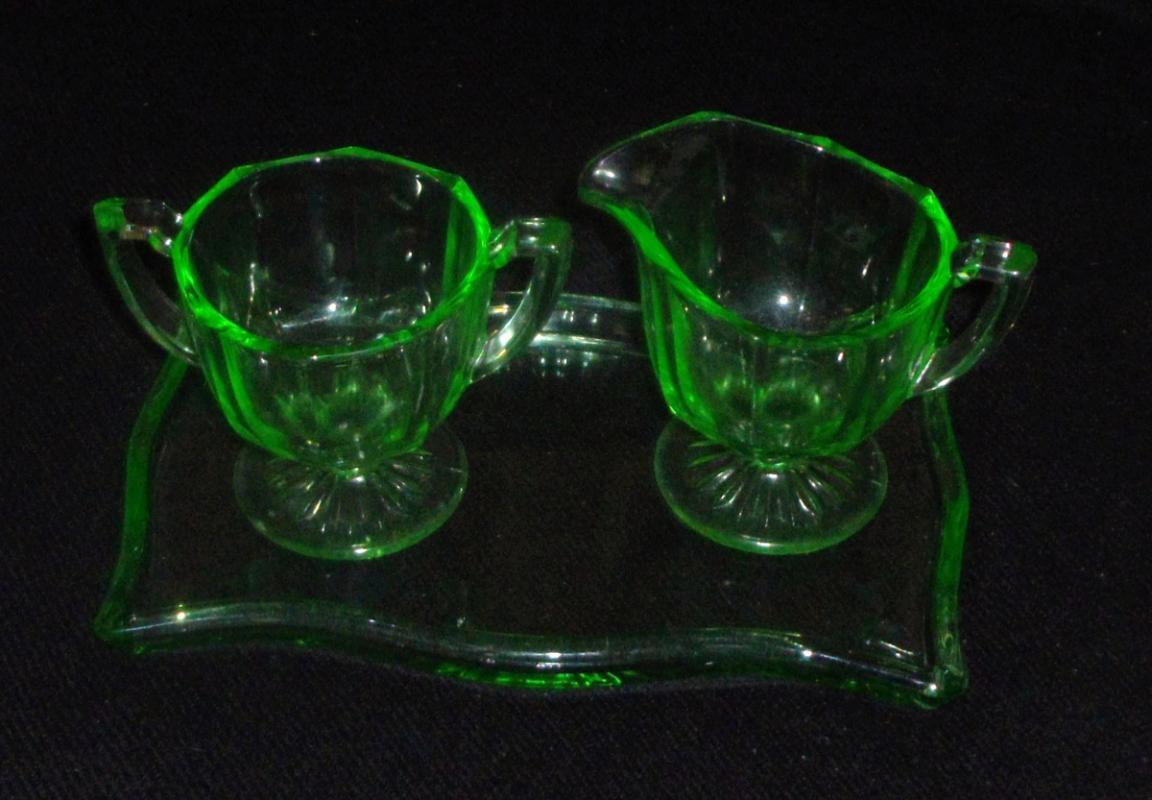 Green Depression Glass Creamer, Sugar Bowl, and Tray
