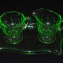 Green Depression Glass Creamer, Sugar Bowl, and Tray