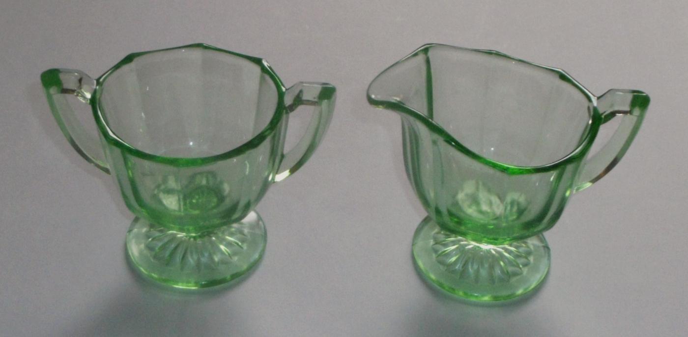 Green Depression Glass Creamer, Sugar Bowl, and Tray
