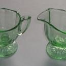 Green Depression Glass Creamer, Sugar Bowl, and Tray