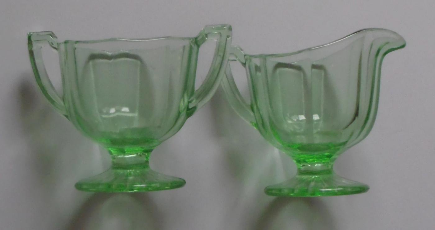 Green Depression Glass Creamer, Sugar Bowl, and Tray