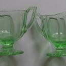Green Depression Glass Creamer, Sugar Bowl, and Tray