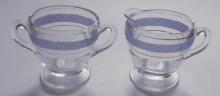 Depression Clear Glass w/ Blue Gold Trim Creamer and Sugar Bowl