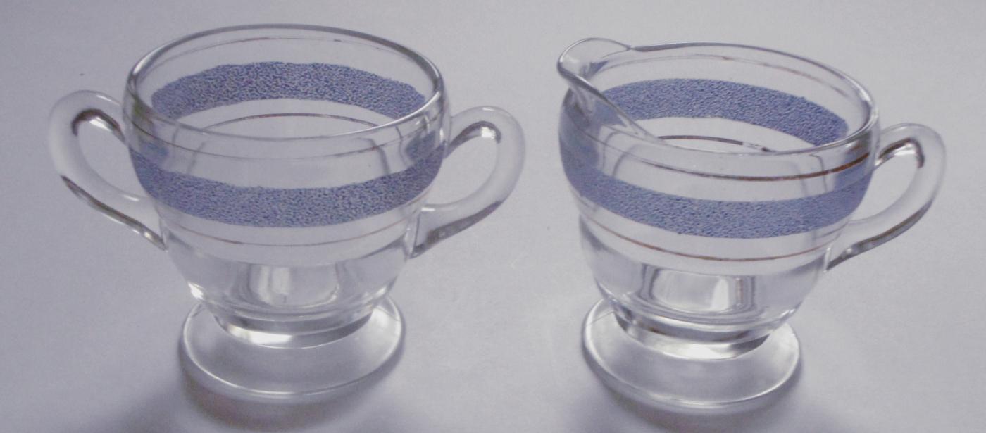 Depression Clear Glass w/ Blue Gold Trim Creamer and Sugar Bowl