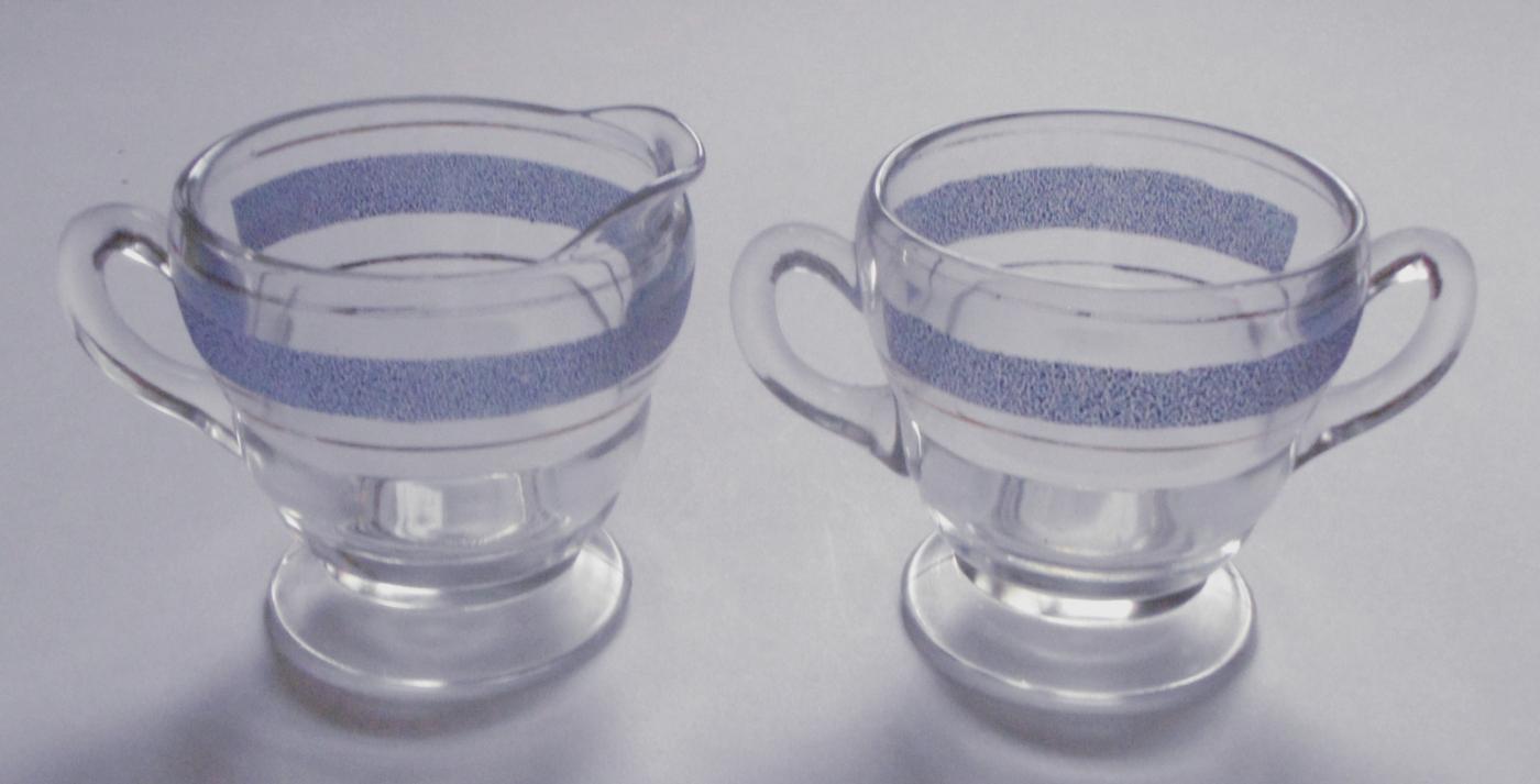 Depression Clear Glass w/ Blue Gold Trim Creamer and Sugar Bowl