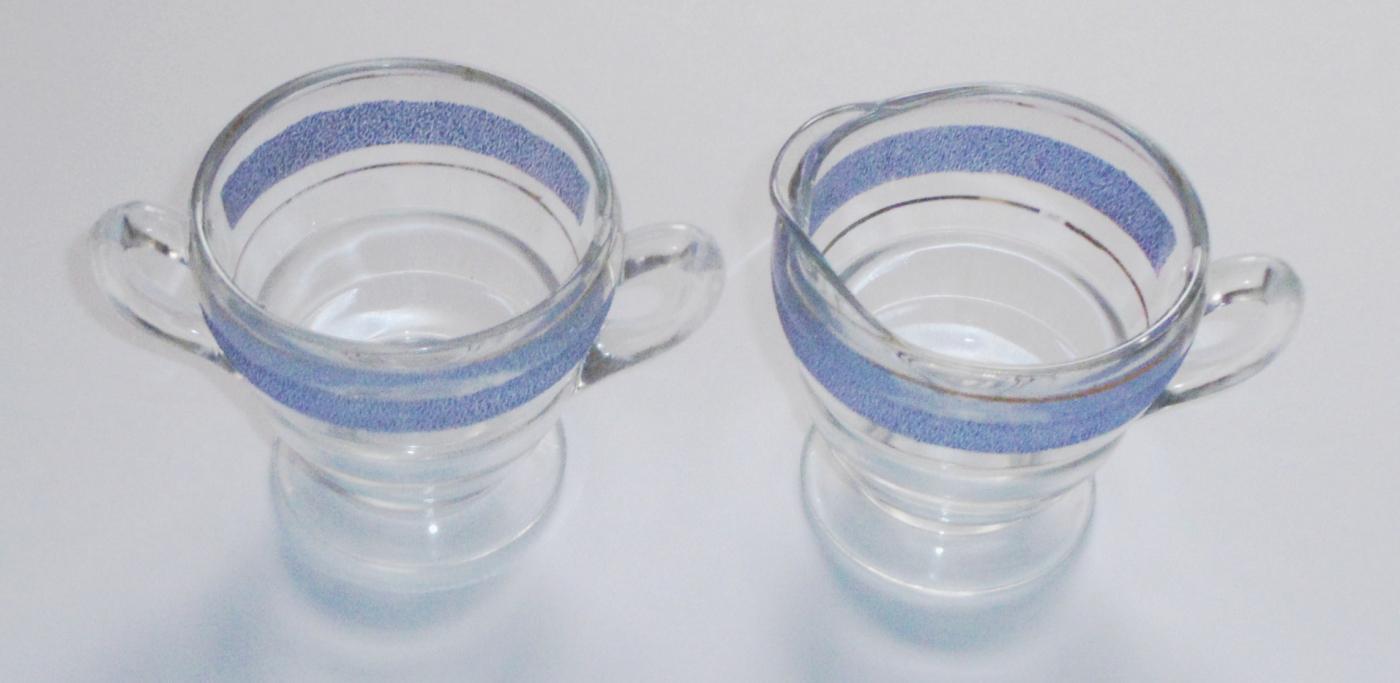 Depression Clear Glass w/ Blue Gold Trim Creamer and Sugar Bowl