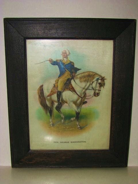 Early General George Washington Print On Silk Fabric Wooden Frame