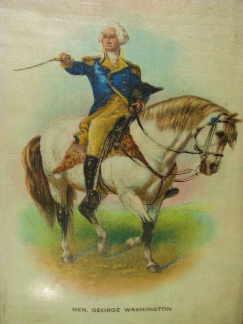 Early General George Washington Print On Silk Fabric Wooden Frame