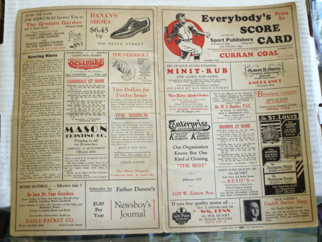 1940 scorecard browns vs. red soxs
