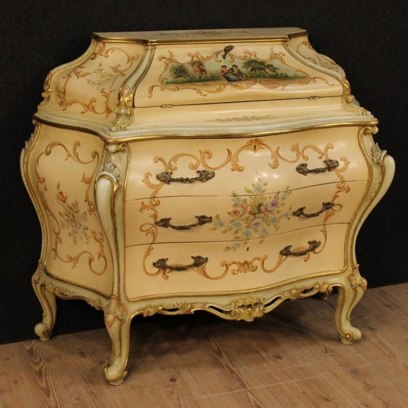 20th Century Venetian Lacquered, Gilded And Painted Bureau