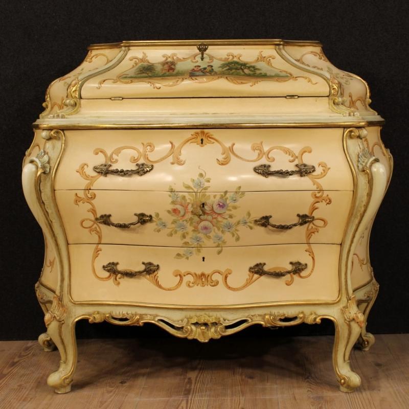20th Century Venetian Lacquered, Gilded And Painted Bureau