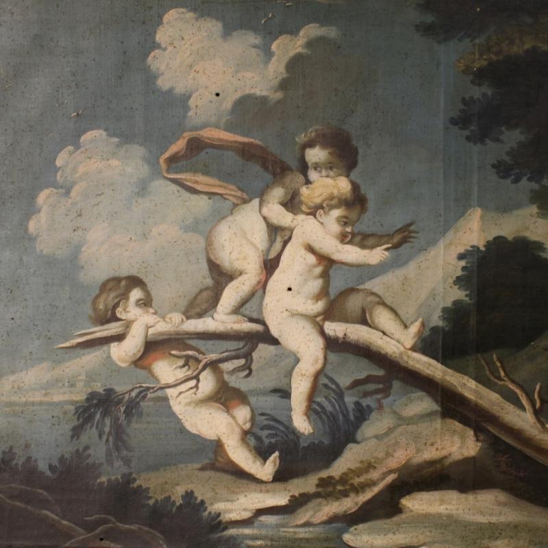 18th Century Italian Painting Landscape With Little Angels Game