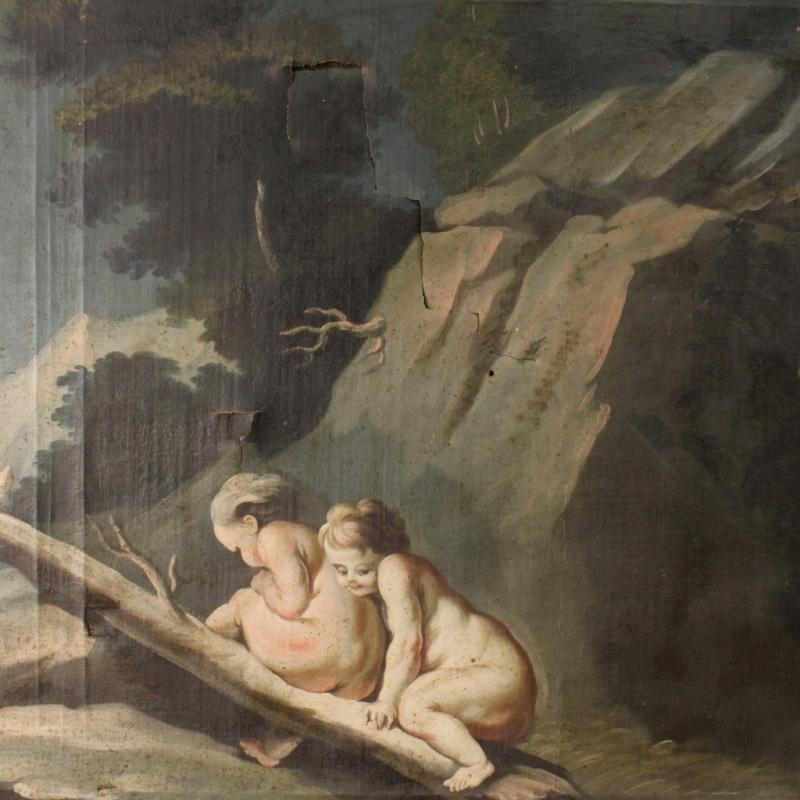 18th Century Italian Painting Landscape With Little Angels Game