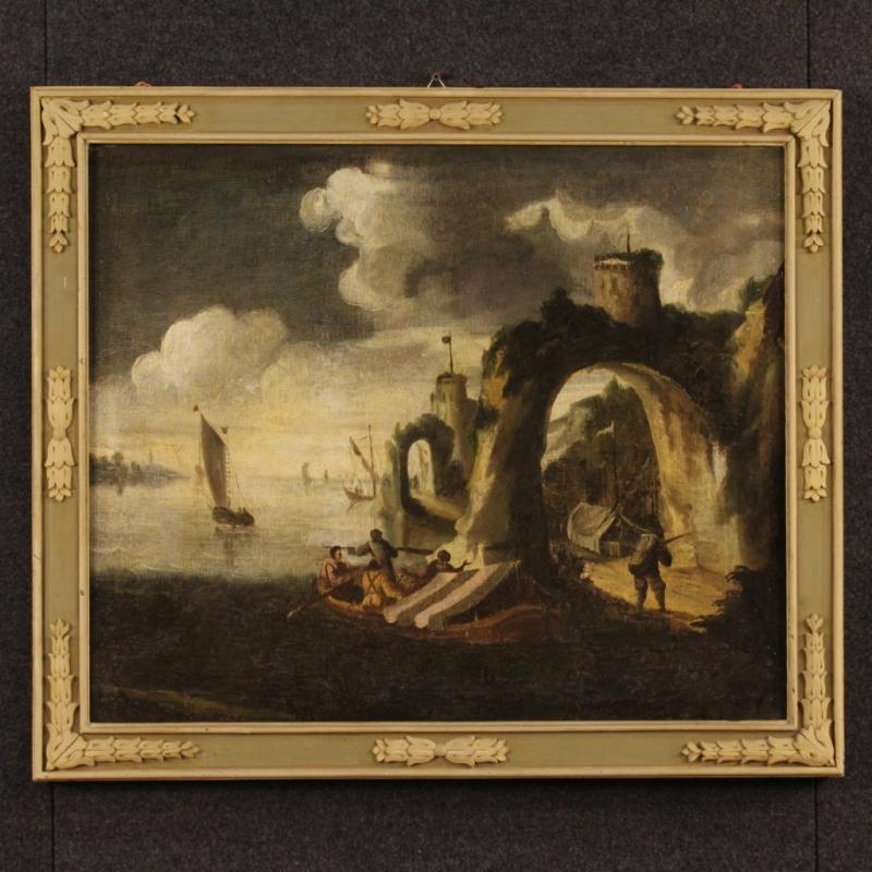 18th Century Italian Painting Seascape With Boats And Fishermen