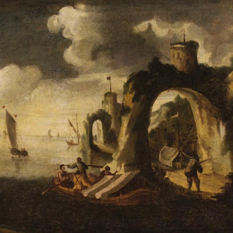 18th Century Italian Painting Seascape With Boats And Fishermen