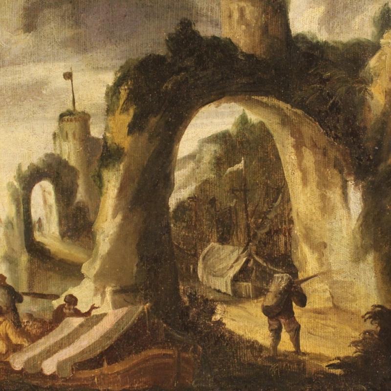 18th Century Italian Painting Seascape With Boats And Fishermen