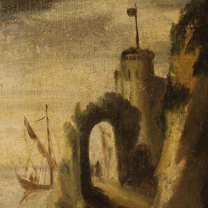18th Century Italian Painting Seascape With Boats And Fishermen