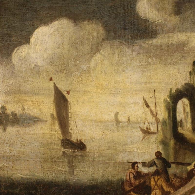 18th Century Italian Painting Seascape With Boats And Fishermen