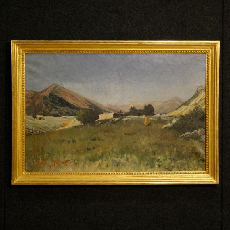 19th Century Italian Painting Landscape With Hunter