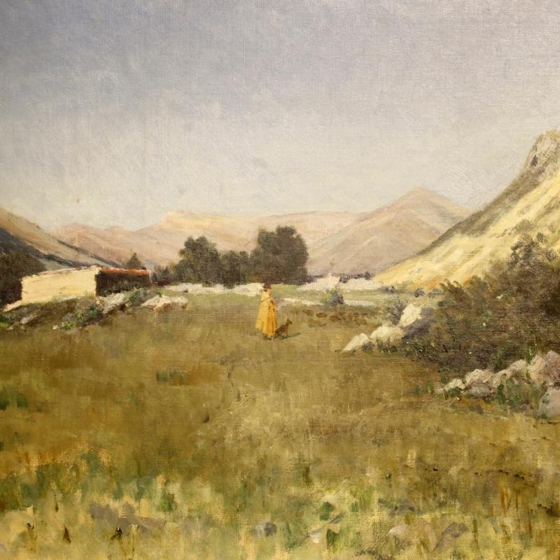 19th Century Italian Painting Landscape With Hunter