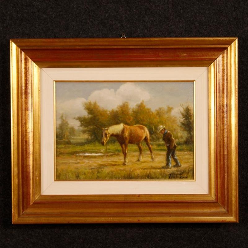 20th Century Italian Signed Painting Landscape With Horse And Farmer