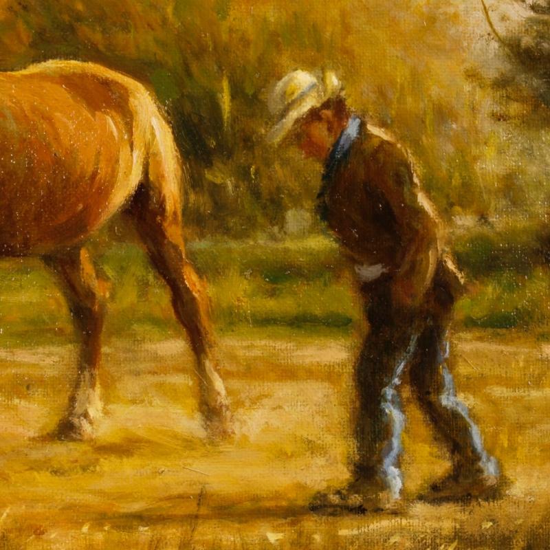 20th Century Italian Signed Painting Landscape With Horse And Farmer