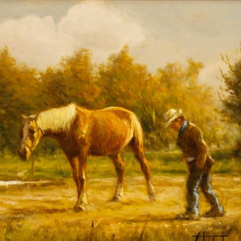20th Century Italian Signed Painting Landscape With Horse And Farmer