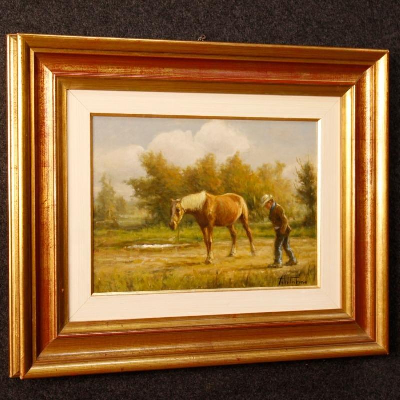 20th Century Italian Signed Painting Landscape With Horse And Farmer