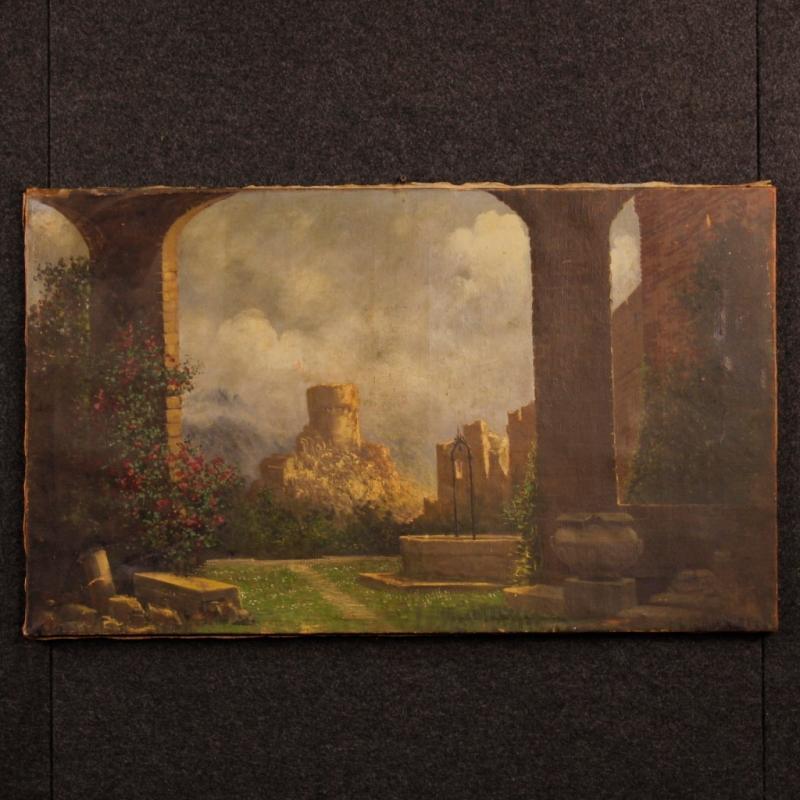 19th Century Italian Painting Landscape With Ruins
