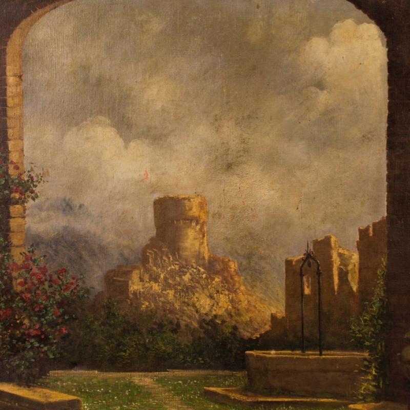 19th Century Italian Painting Landscape With Ruins