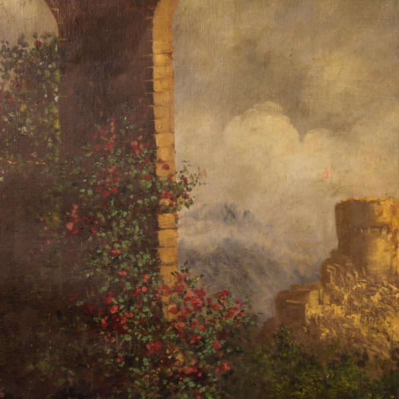 19th Century Italian Painting Landscape With Ruins