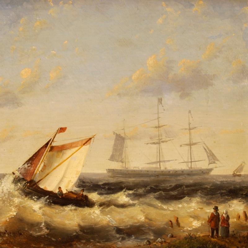 20th Century Dutch Seascape Painting Oil On Panel