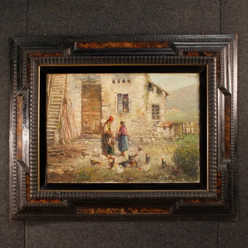 20th Century Italian Signed Painting Landscape With Characters