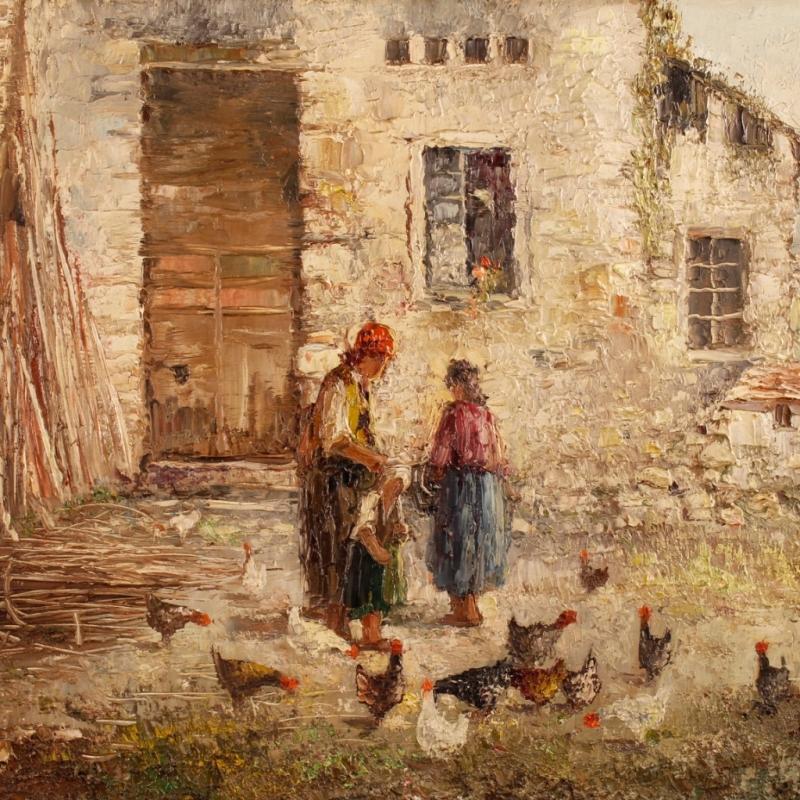 20th Century Italian Signed Painting Landscape With Characters