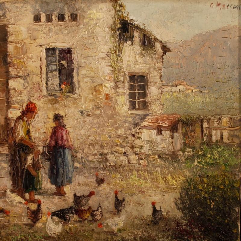 20th Century Italian Signed Painting Landscape With Characters