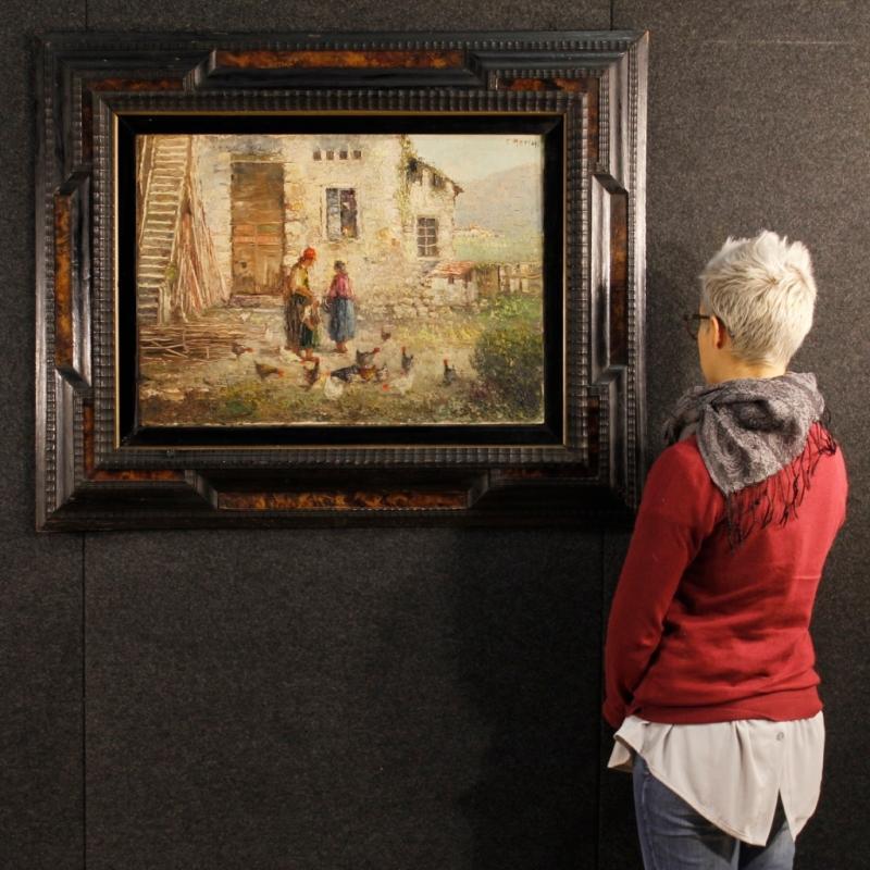 20th Century Italian Signed Painting Landscape With Characters