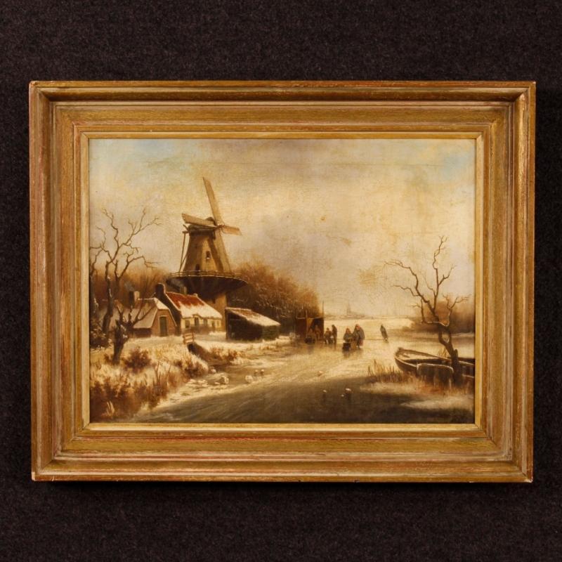 19th Century Dutch Winter Landscape Oil Painting