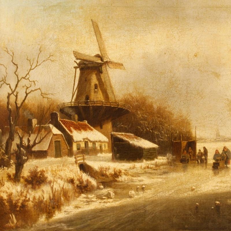 19th Century Dutch Winter Landscape Oil Painting