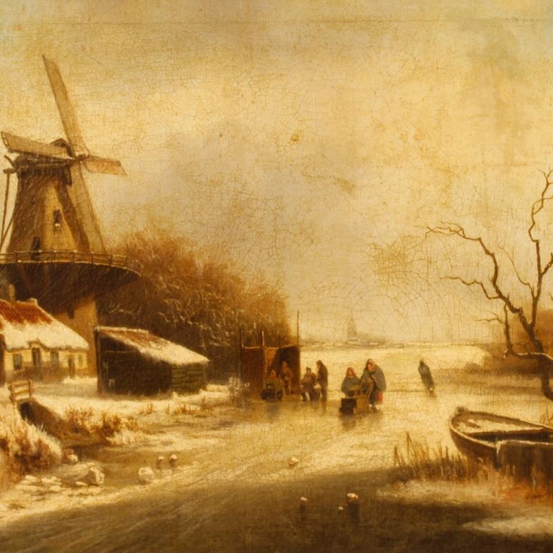 19th Century Dutch Winter Landscape Oil Painting