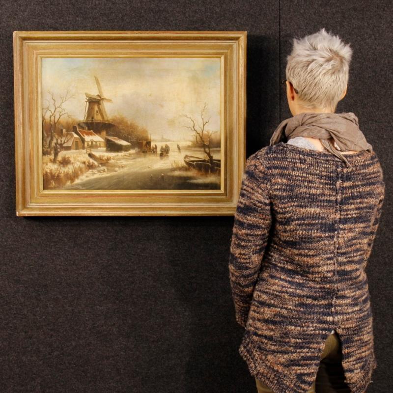 19th Century Dutch Winter Landscape Oil Painting