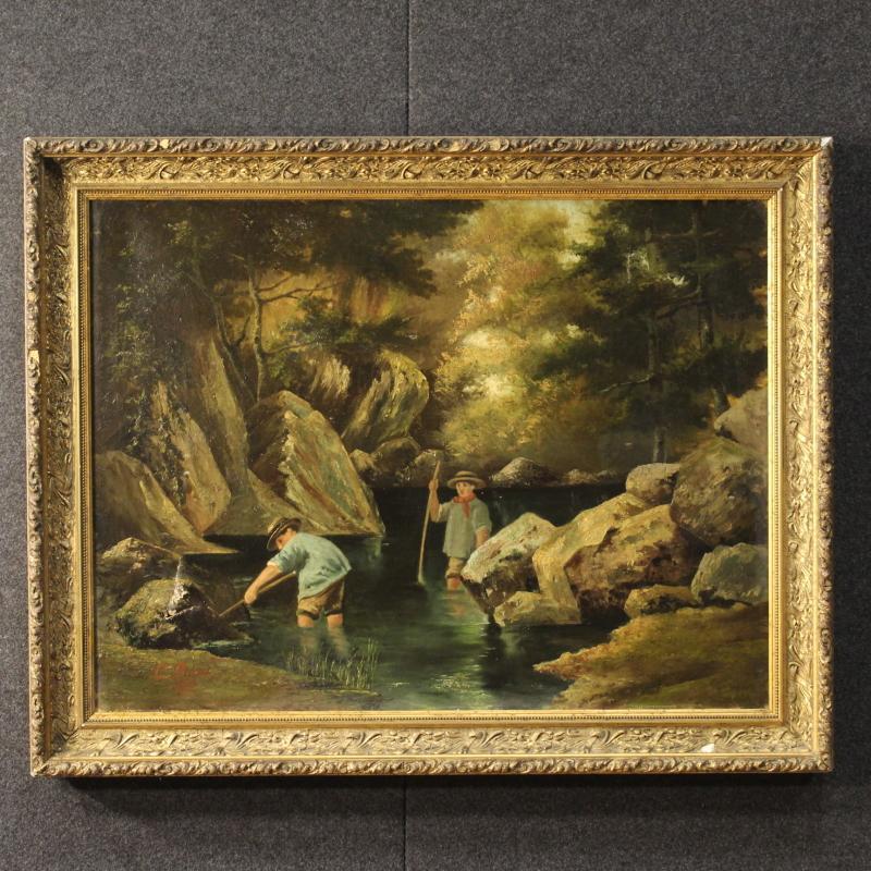 Signed painting Children at the river dated 1885