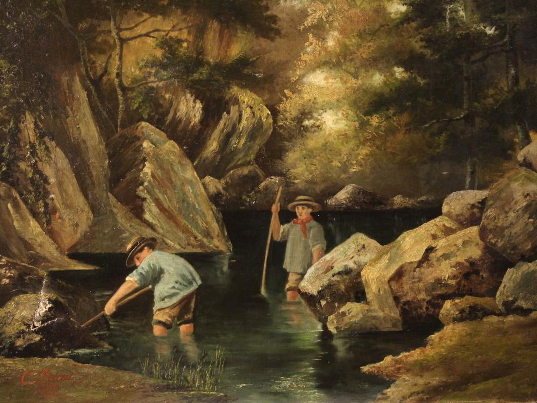 Signed painting Children at the river dated 1885