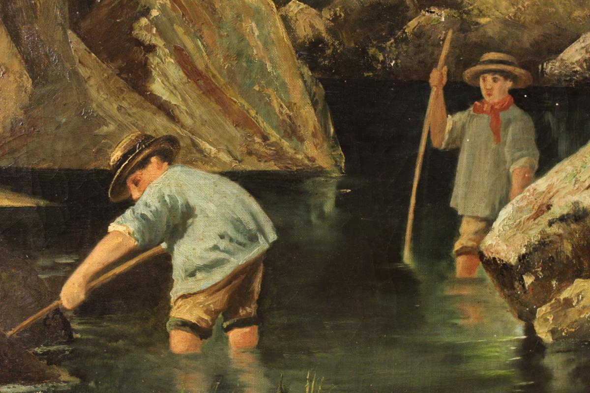 Signed painting Children at the river dated 1885