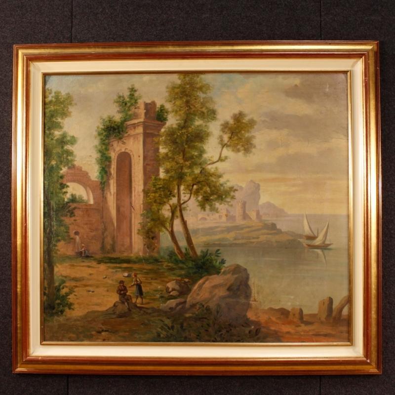 Italian Painting Seascape With Ruins And Characters From 20th Century