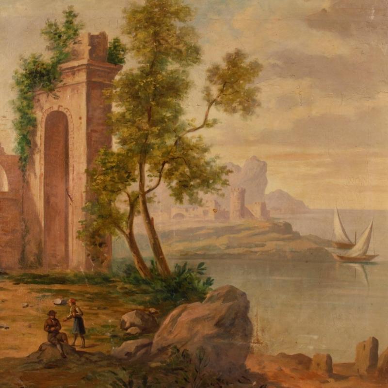 Italian Painting Seascape With Ruins And Characters From 20th Century