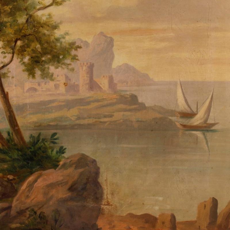 Italian Painting Seascape With Ruins And Characters From 20th Century