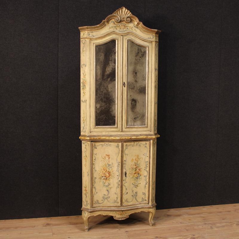 19th Century Antique Lacquered And Painted Venetian Corner Cupboard